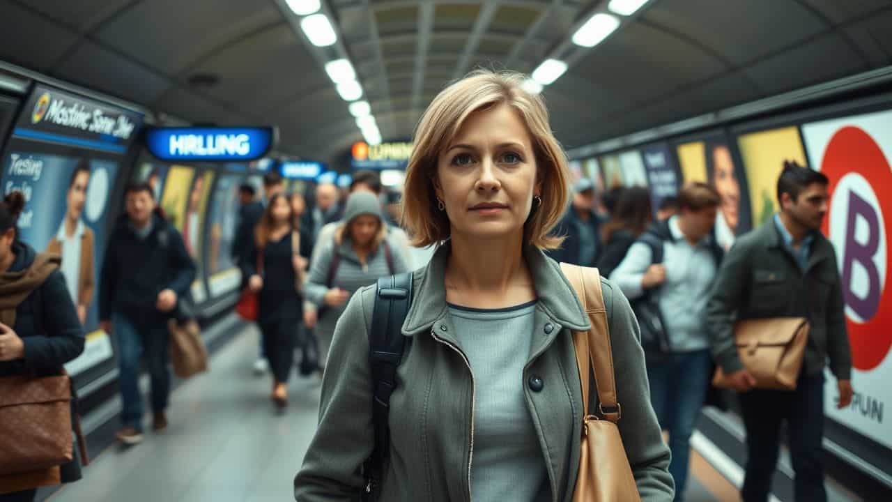 A woman walks through a bustling Tube station during rush hour.