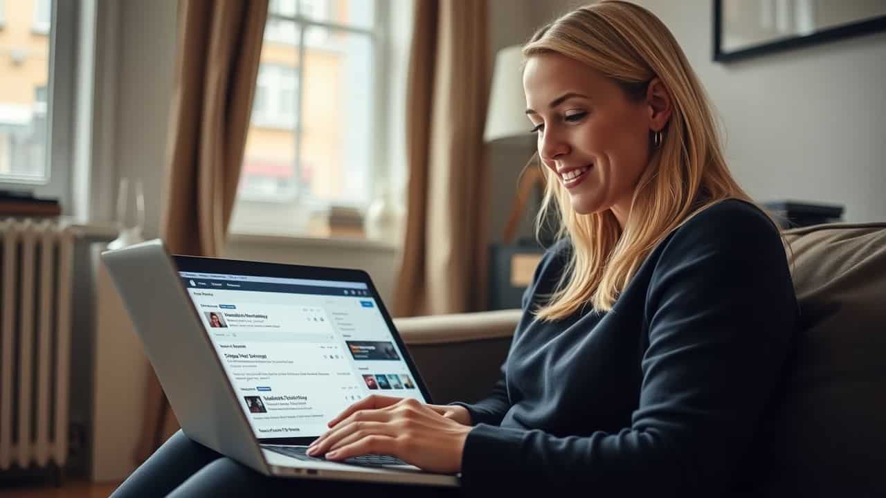 A woman in her 30s searches for jobs on her laptop.