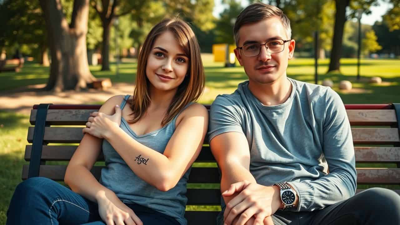 A young couple with matching angel number tattoos sitting on a park bench.