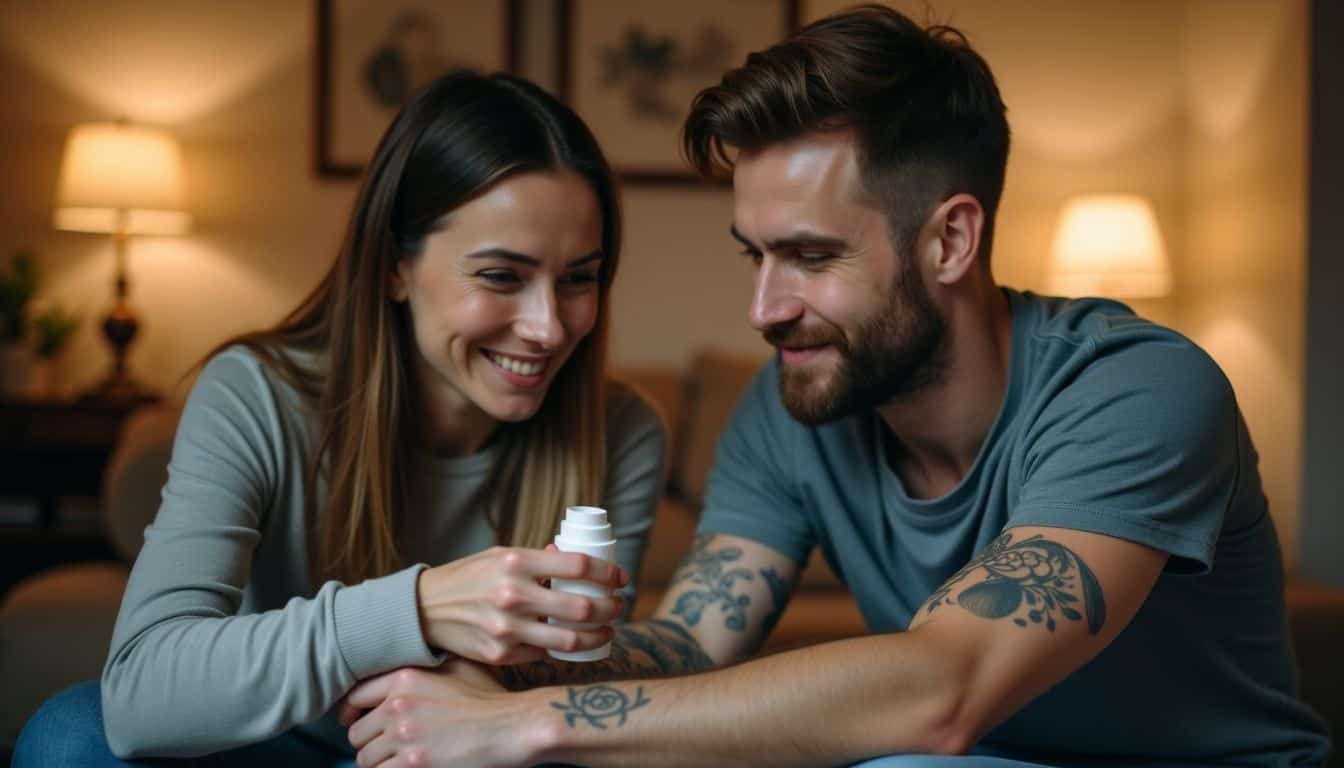 A couple in their 30s applying moisturizer to matching tattoos.