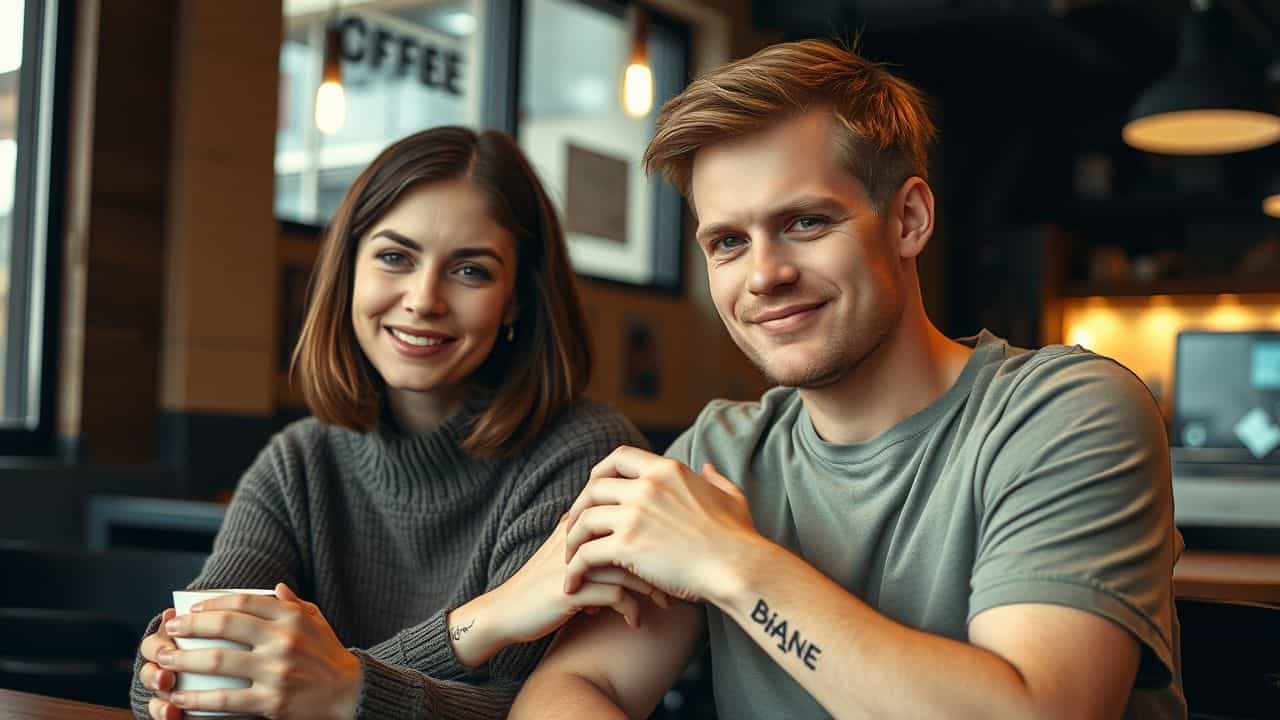 A couple with matching tattoos sitting in a cozy coffee shop.