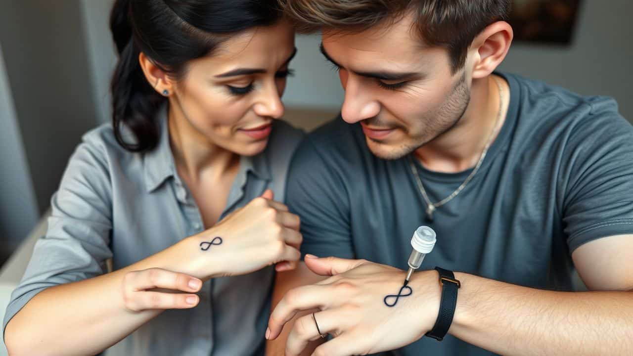 A married couple in their 30s getting matching infinity symbol tattoos.