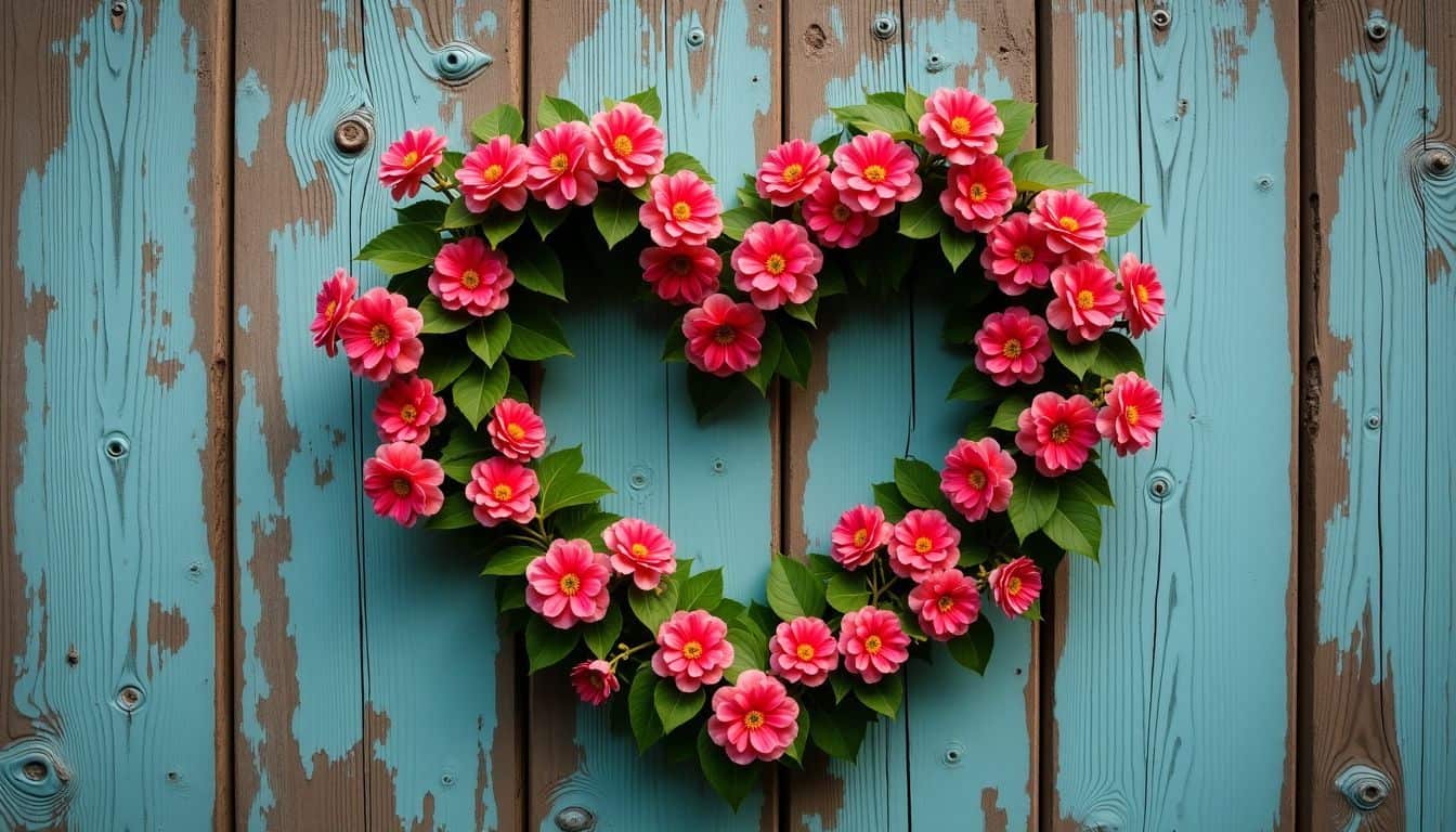 Two heart-shaped vines with vibrant flowers on rustic wooden background.