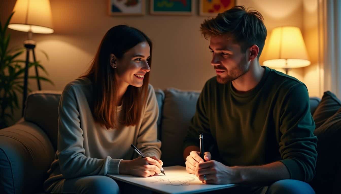 A couple in their late 20s sketching tattoo designs on a couch.