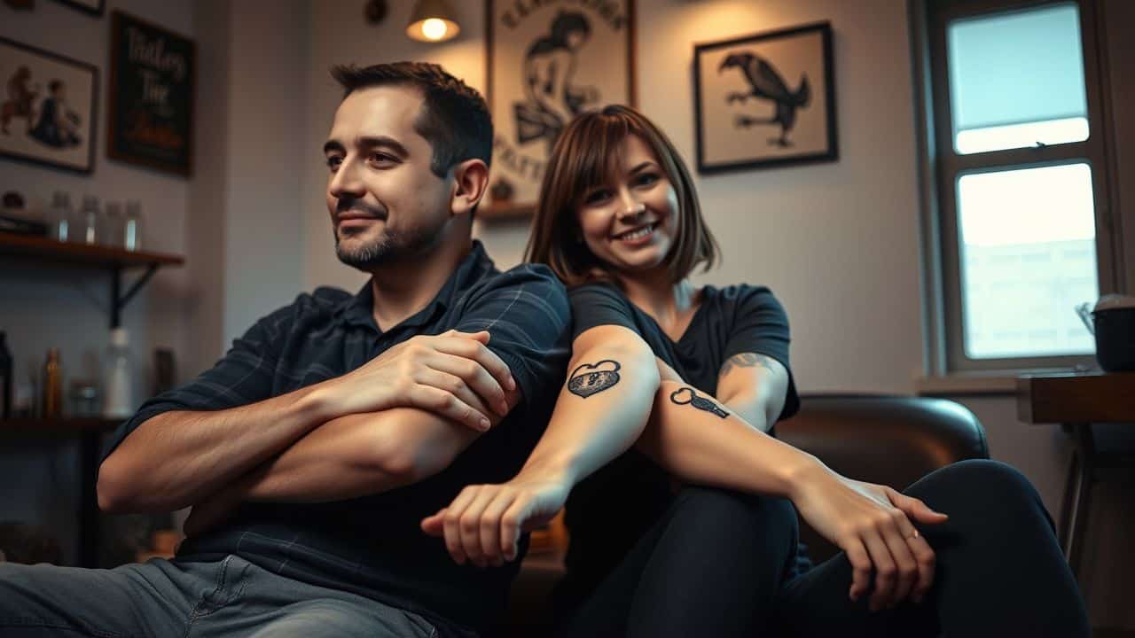 A mid-30s couple getting matching lock and key tattoos.