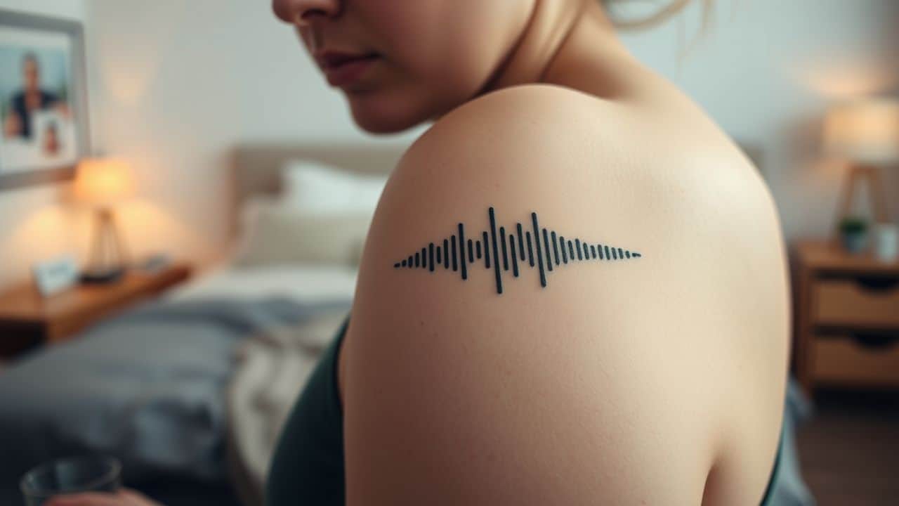 Close-up photo of a sound wave tattoo on a smooth arm.