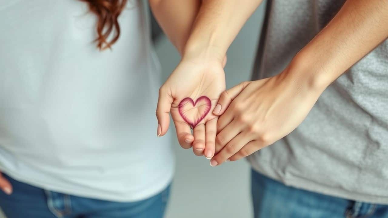 A couple in their late 20s holding hands with matching heart tattoos.