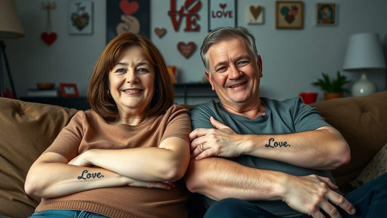 A middle-aged couple proudly displaying matching tattoos in a cozy living room.