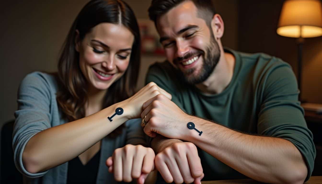 A couple in their 30s getting matching lock and key tattoos.