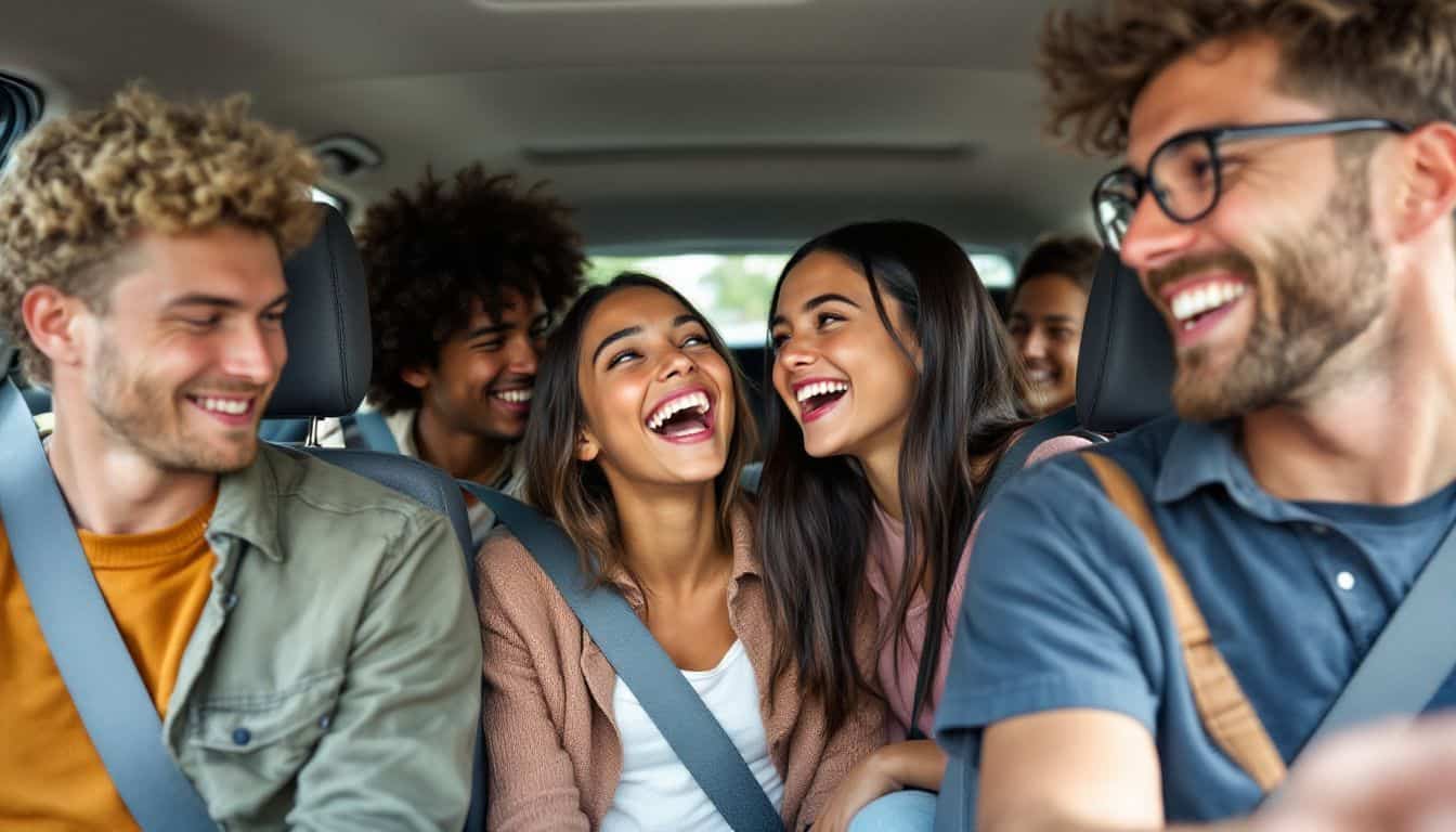 A diverse group of young adults wearing seatbelts and enjoying a car ride.