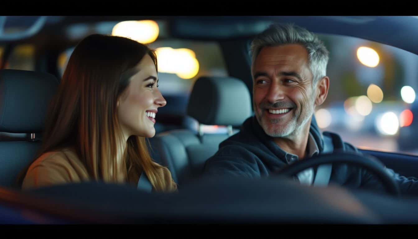 A young woman and a middle-aged man engaged in conversation in a car.