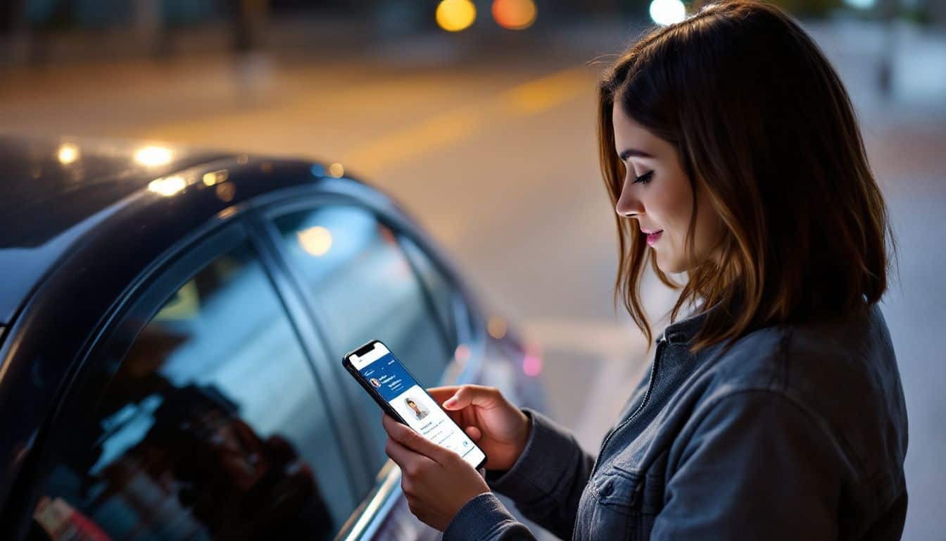 Woman checks out a parked car in ride-sharing app on street.