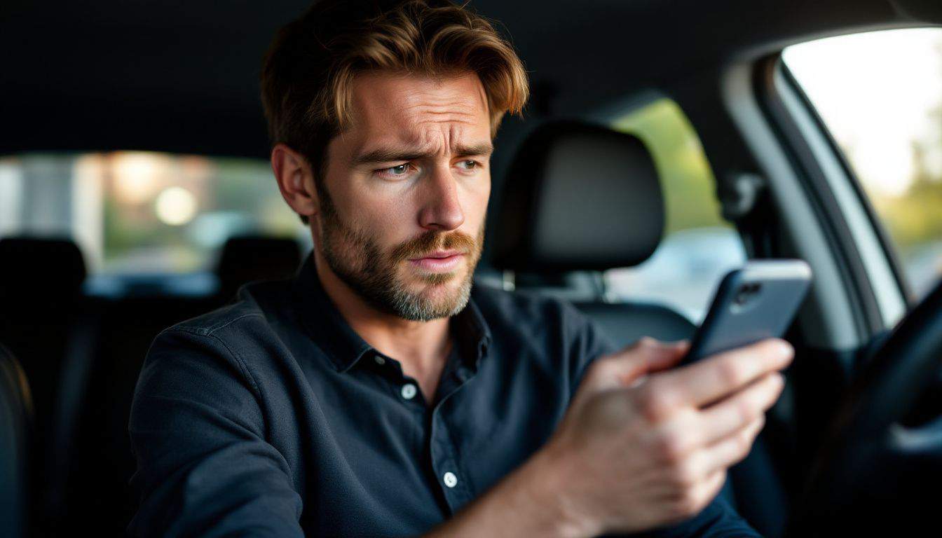 A man in his 30s pressing emergency button on rideshare app.