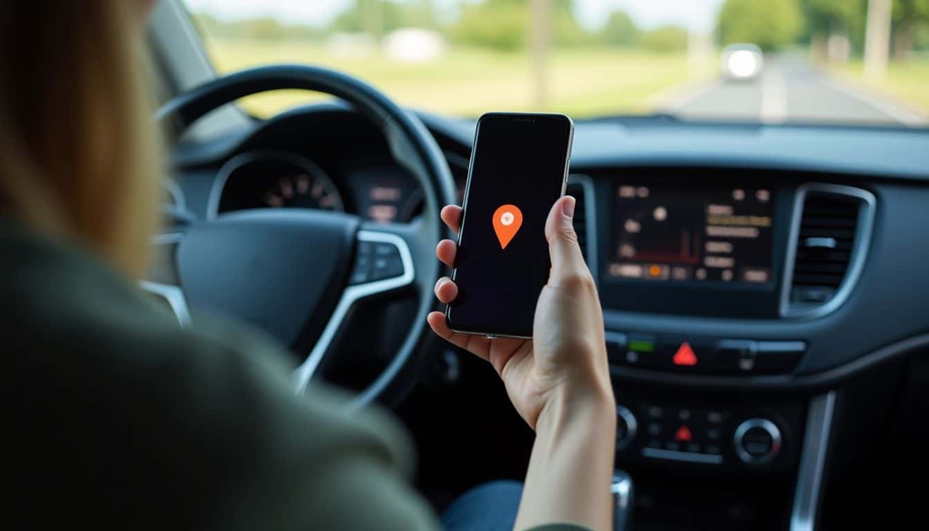 Close-up of smartphone screen displaying location app in a car.