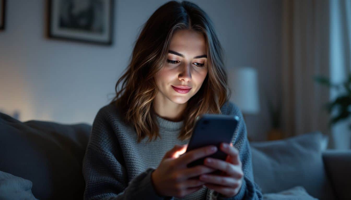 A woman reviews rideshare driver ratings on her smartphone at home.