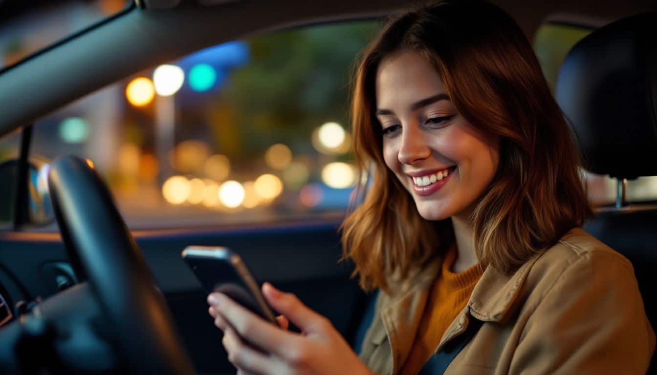 A young woman in a rideshare car at night sharing ride details.