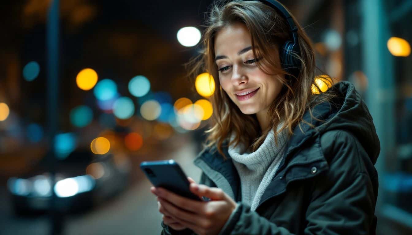 A woman in her 30s uses a safety app while waiting for a rideshare.