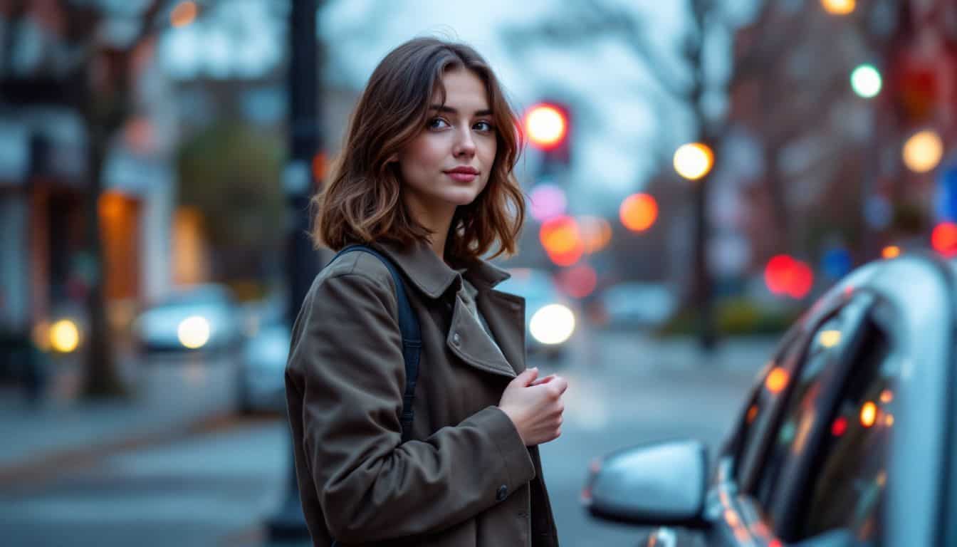 A young woman in casual attire checks a rideshare car's license plate.