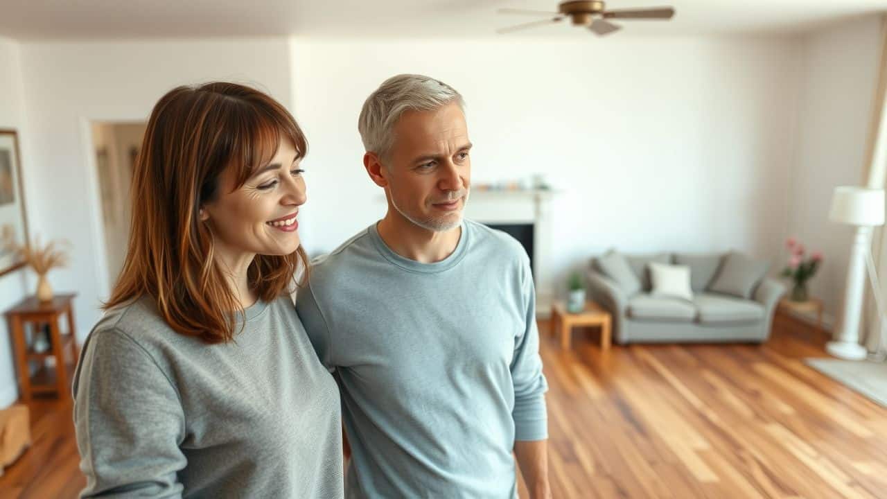 A couple in their 30s looking at hardwood floors in a living room.