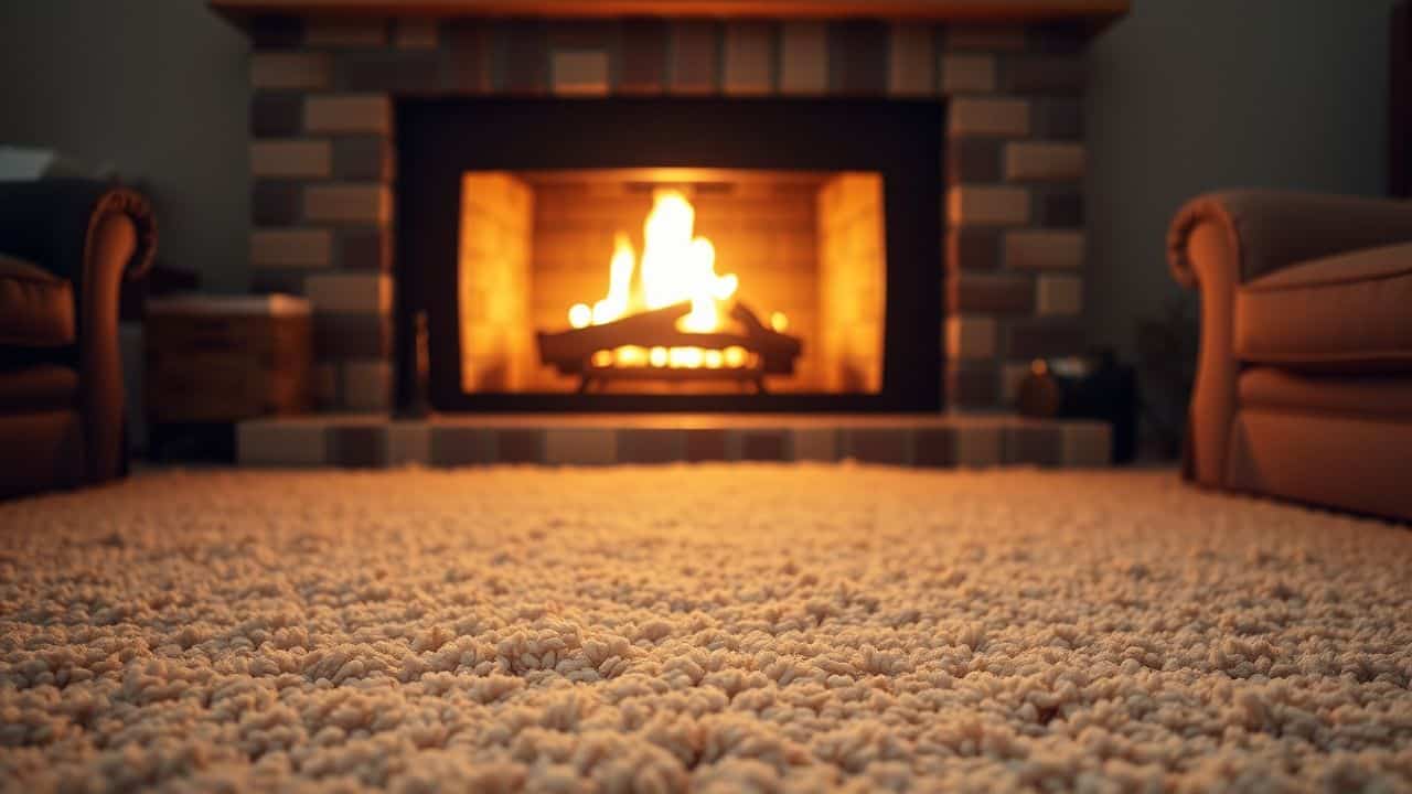 A cozy living room with a soft beige carpet in front of a crackling fireplace.