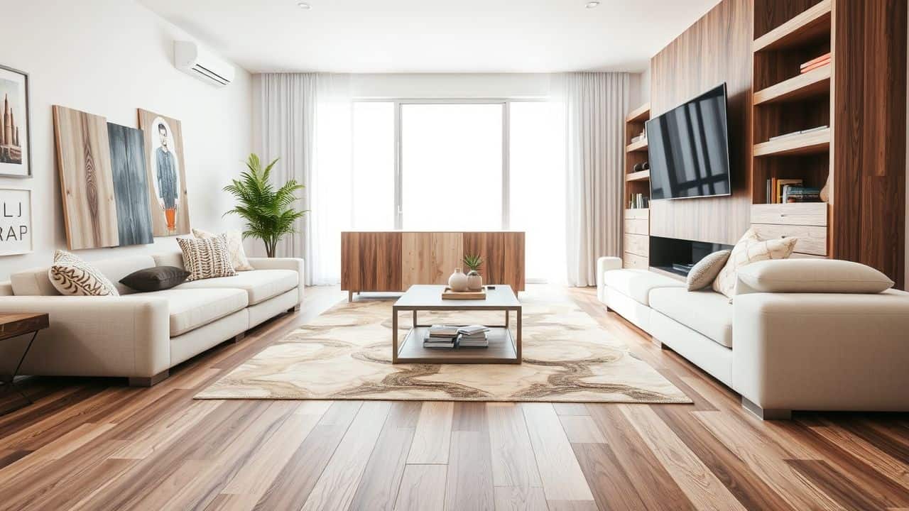 A variety of laminate flooring designs in a modern living room.