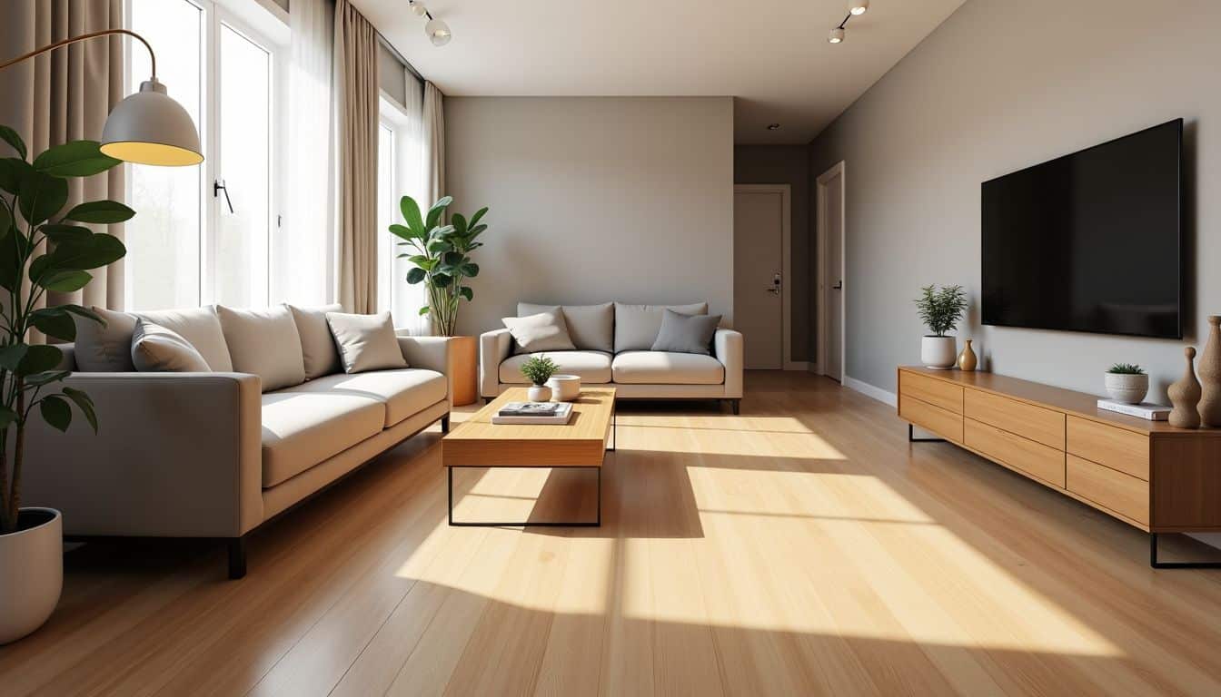 A modern living room with engineered wood flooring in muted tones.