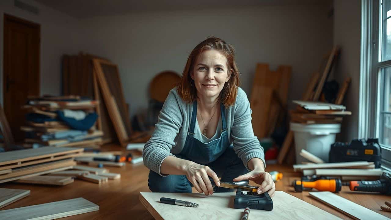 A woman in her 30s is remodeling her living room with wood planks and tools.