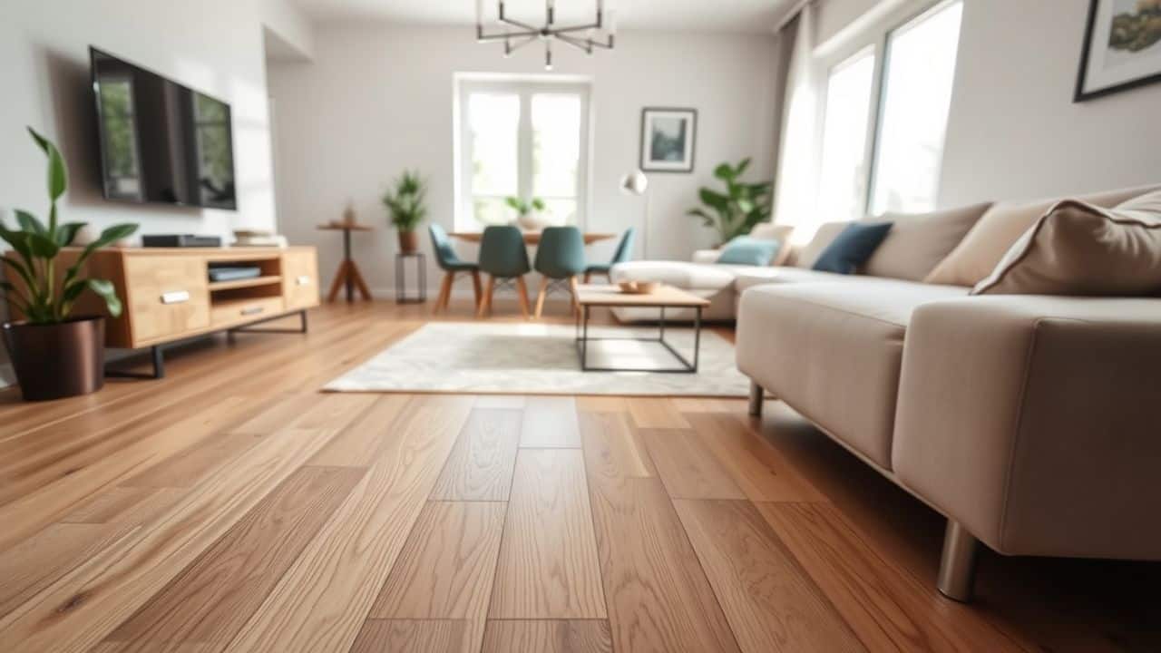 A modern living room with light oak laminate flooring and warm tones.