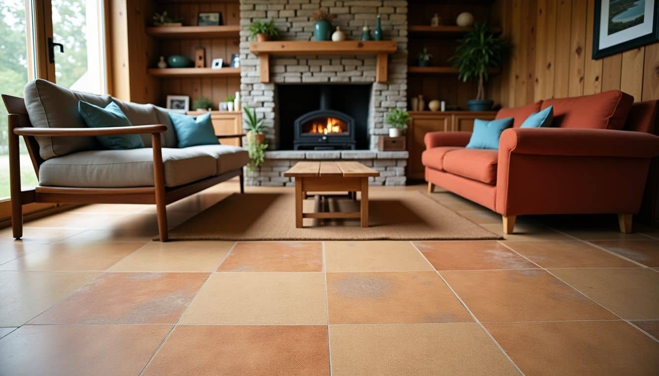 A cozy living room with cork and rubber flooring in muted tones.