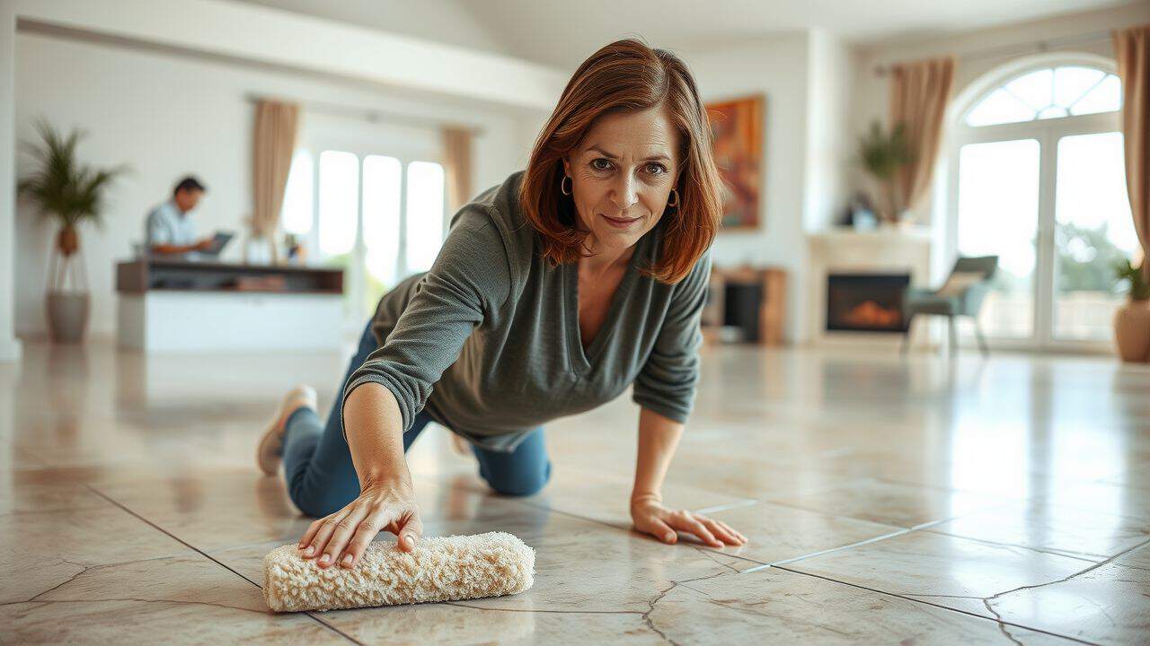 A middle-aged woman is polishing stone flooring in a living room.