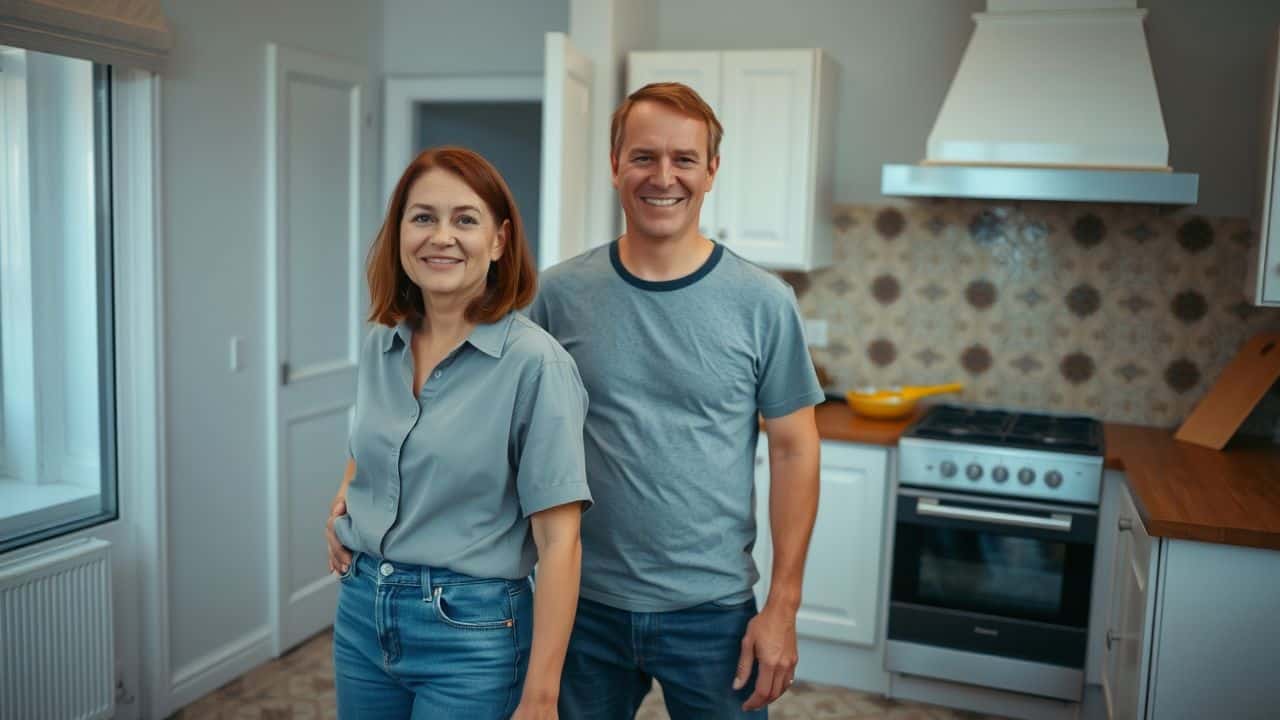 A middle-aged couple renovating their kitchen with tiled floor.