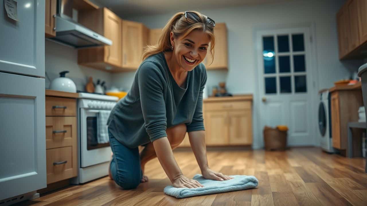 A middle-aged woman cheerfully cleaning her wood-look vinyl flooring in her cozy kitchen.