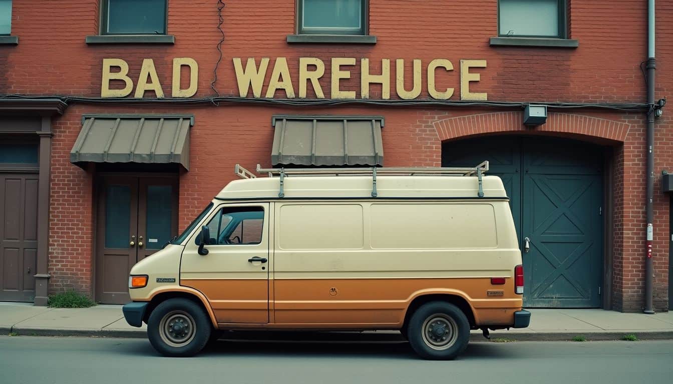 A worn family-owned delivery van parked in front of a brick warehouse.