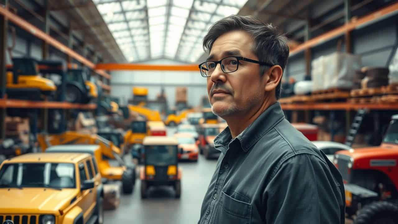 A family business owner overseeing a warehouse with various equipment.