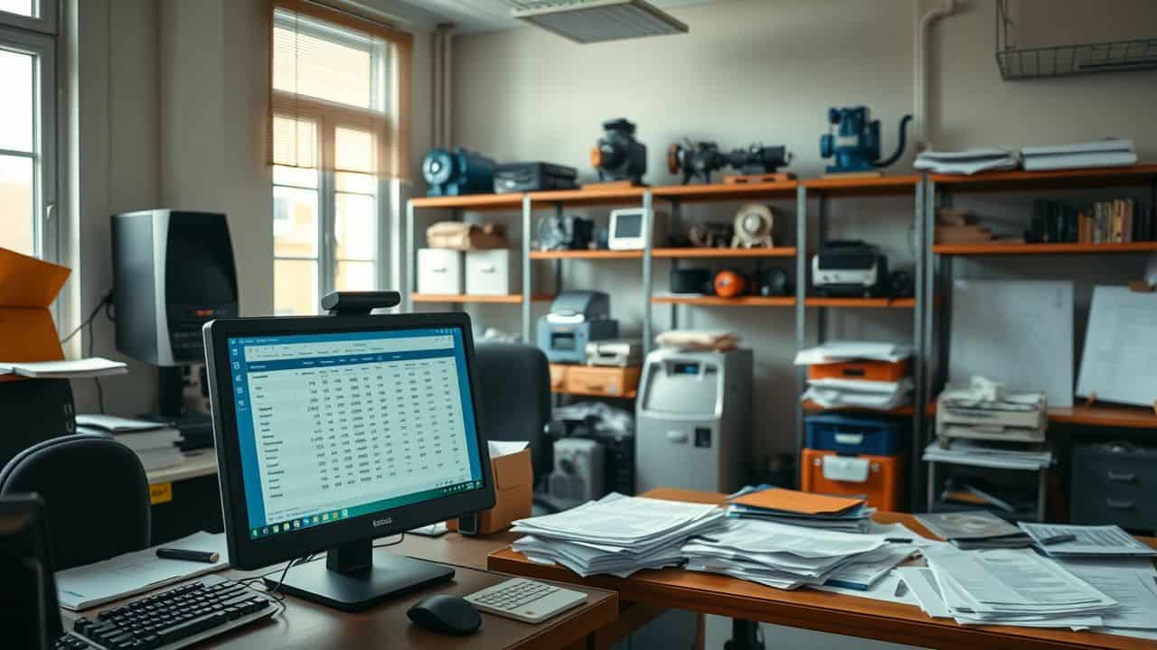 An office space with scattered paperwork and financial spreadsheets on a computer.