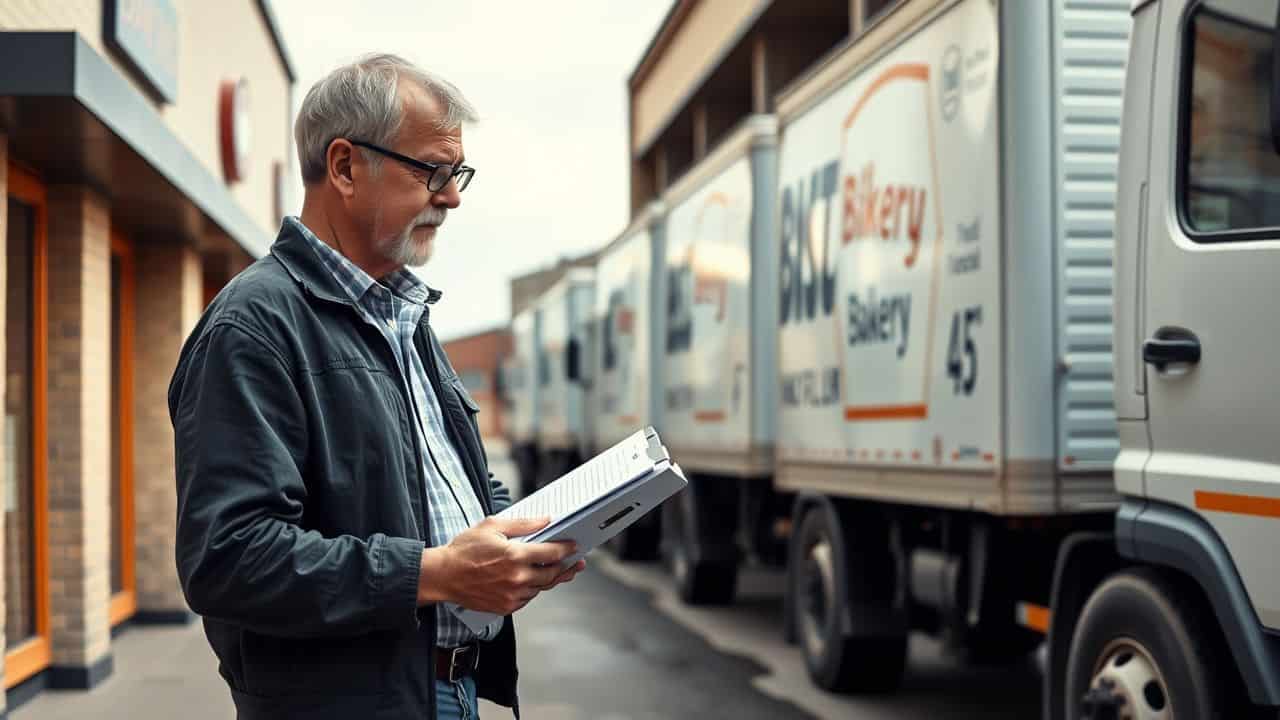 A man inspects delivery trucks outside a bakery, taking notes.