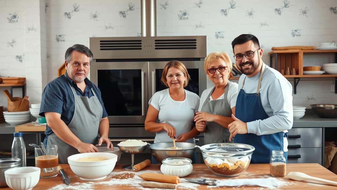 A family baking together in their bakery with various baking tools.