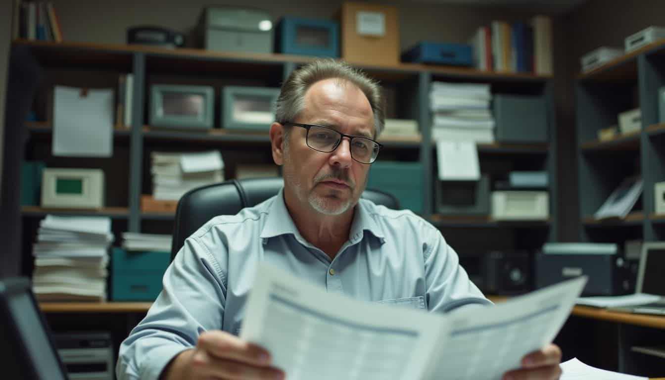 A businessman reviews fixed assets spreadsheet in cluttered office.