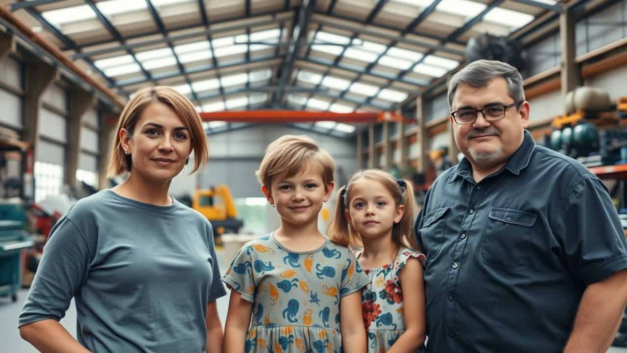 A family of four at a warehouse for their family business.