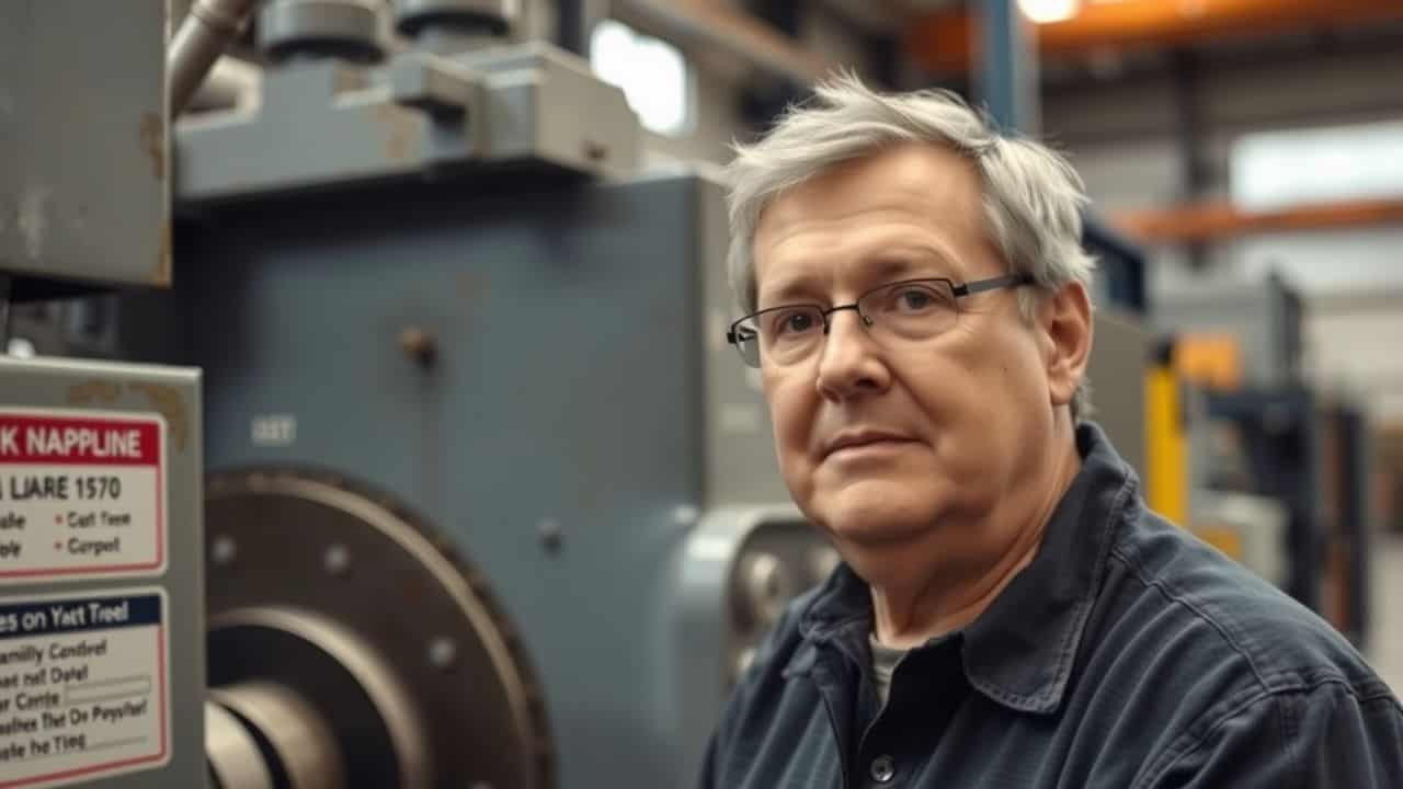 A man inspects a large industrial machine in a family-owned business.