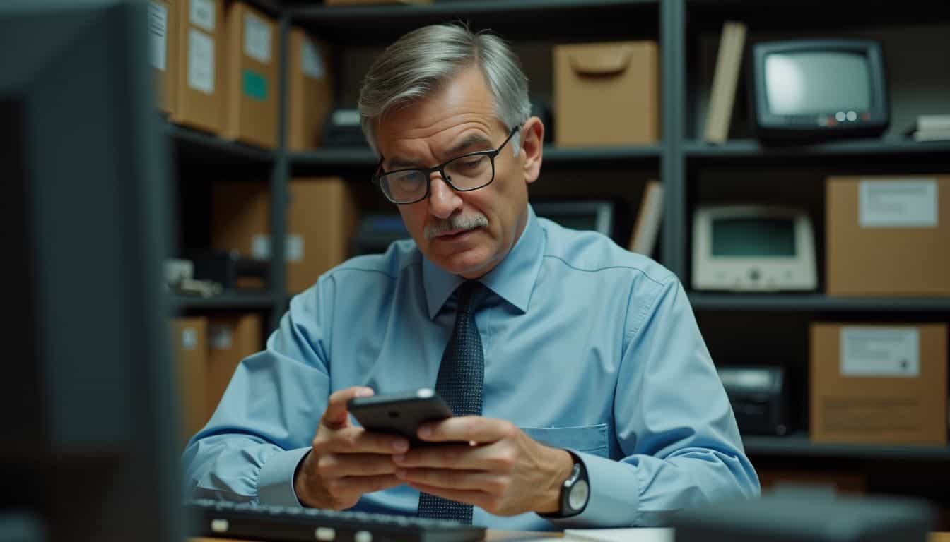 A businessman managing office equipment in a cluttered storage room.