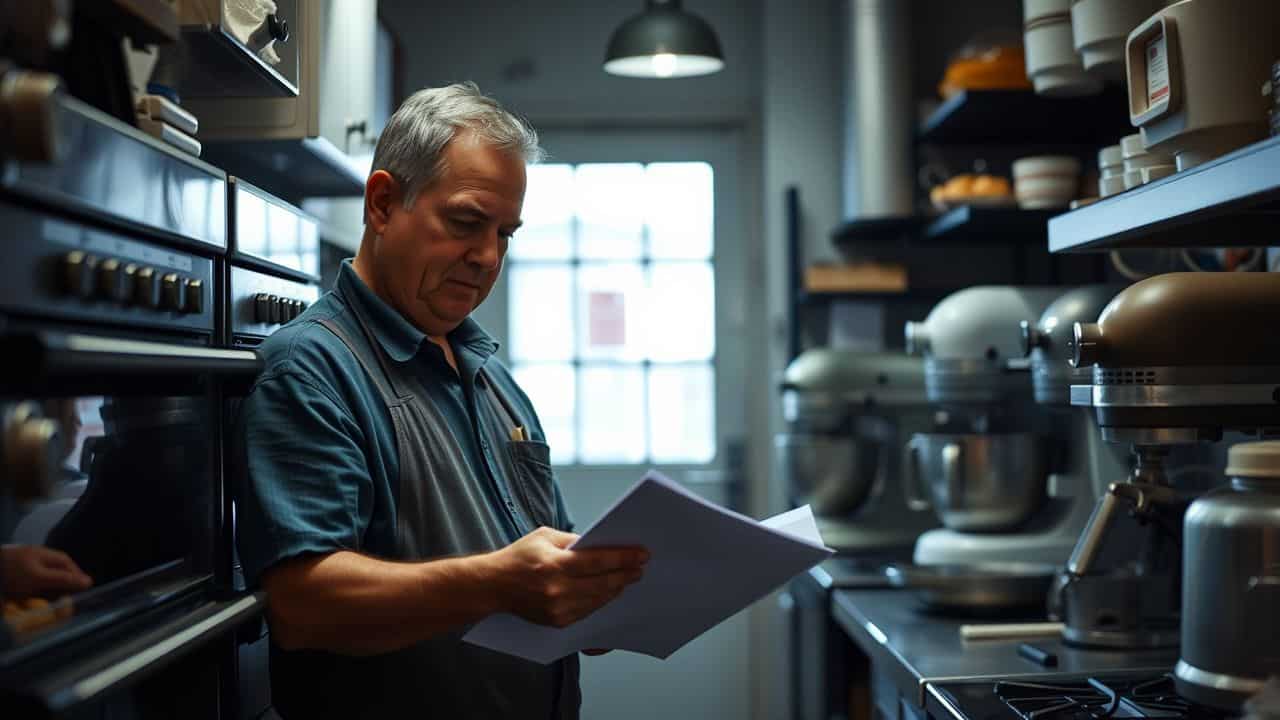 A bakery owner reviews inventory and maintenance records in a cluttered kitchen.