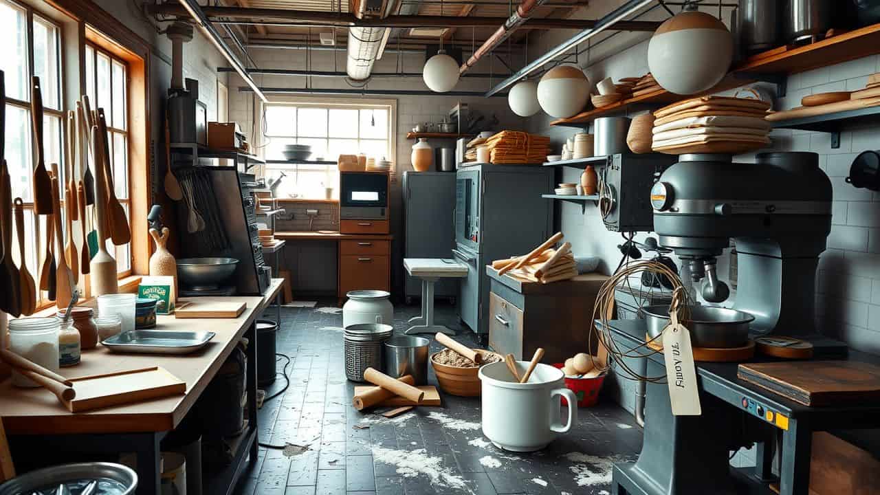 A bustling bakery workspace filled with various baking tools and equipment.