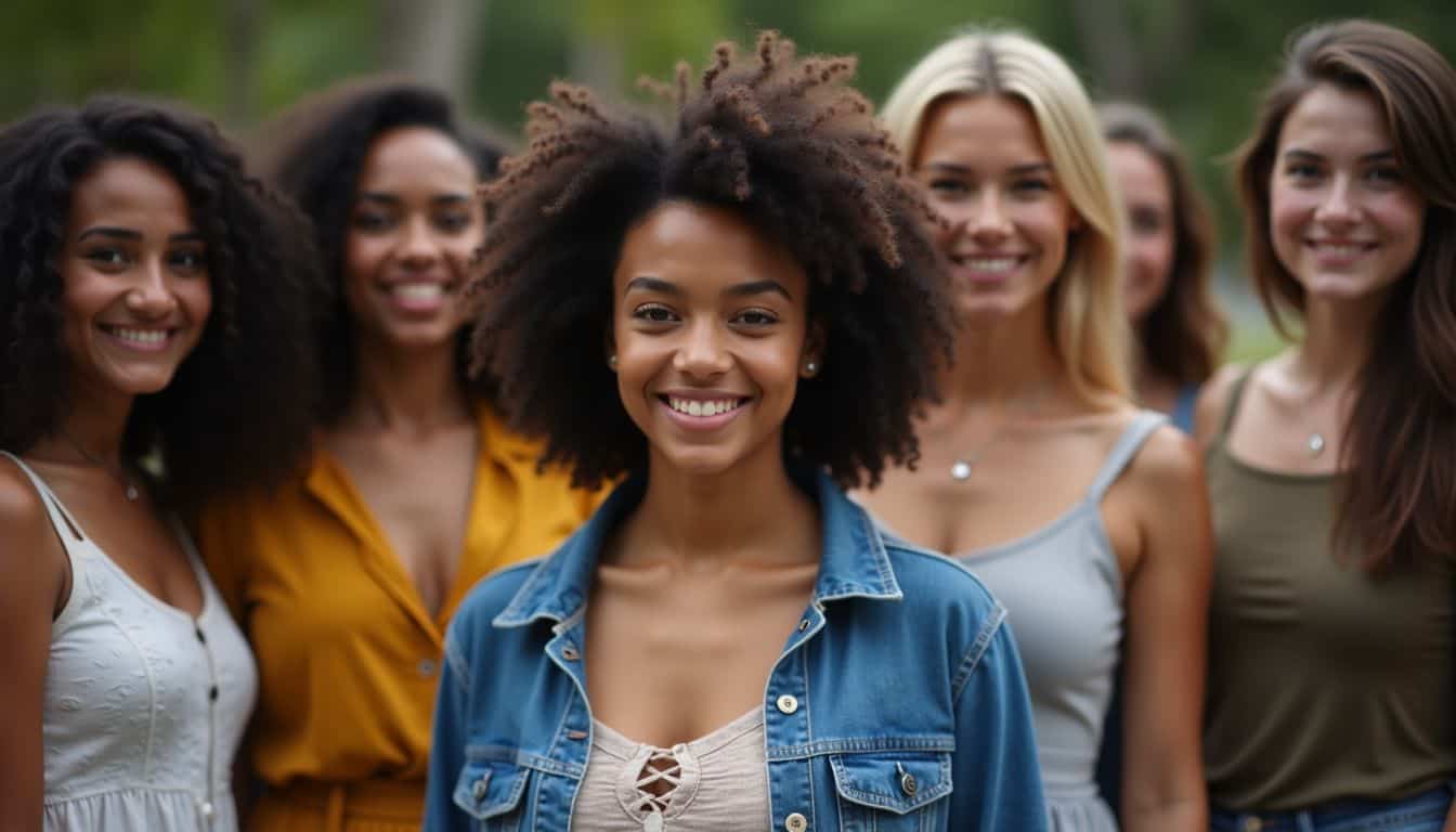 A confident young woman and her diverse group of friends celebrate body positivity.