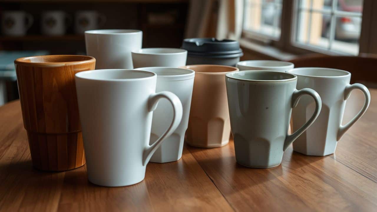 Various cups of different sizes and shapes arranged on a wooden table.