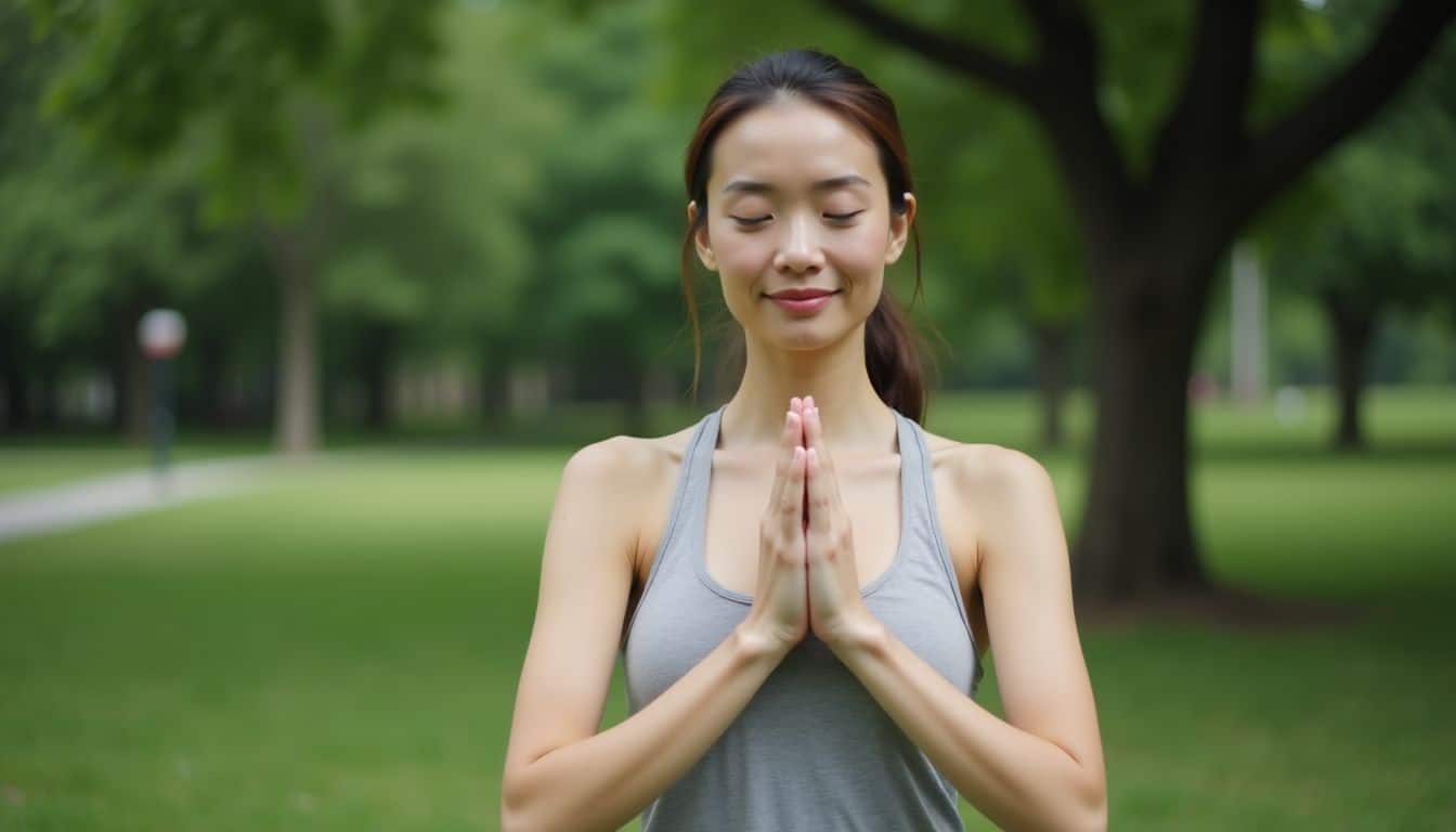 A woman practices yoga in a peaceful park wearing workout clothes.