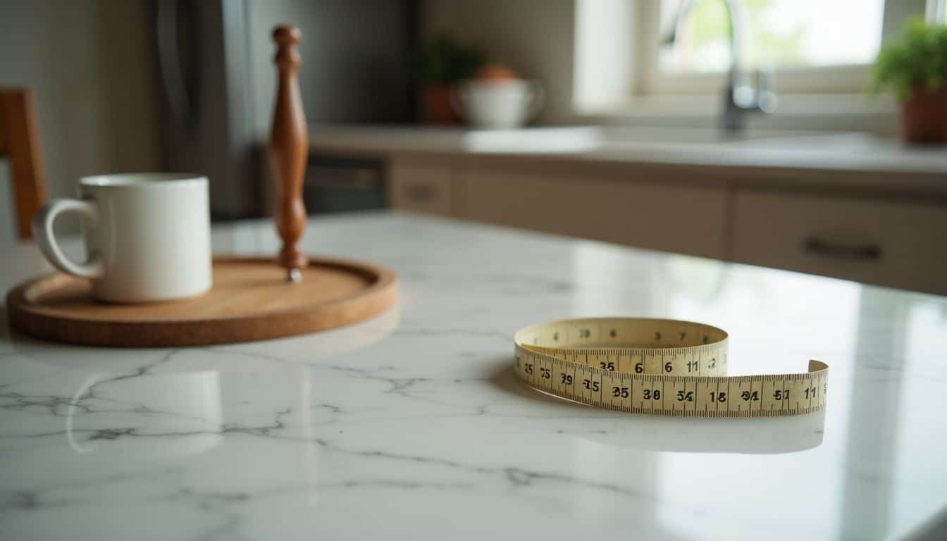 A soft tape measure on a white countertop with a measuring cup.