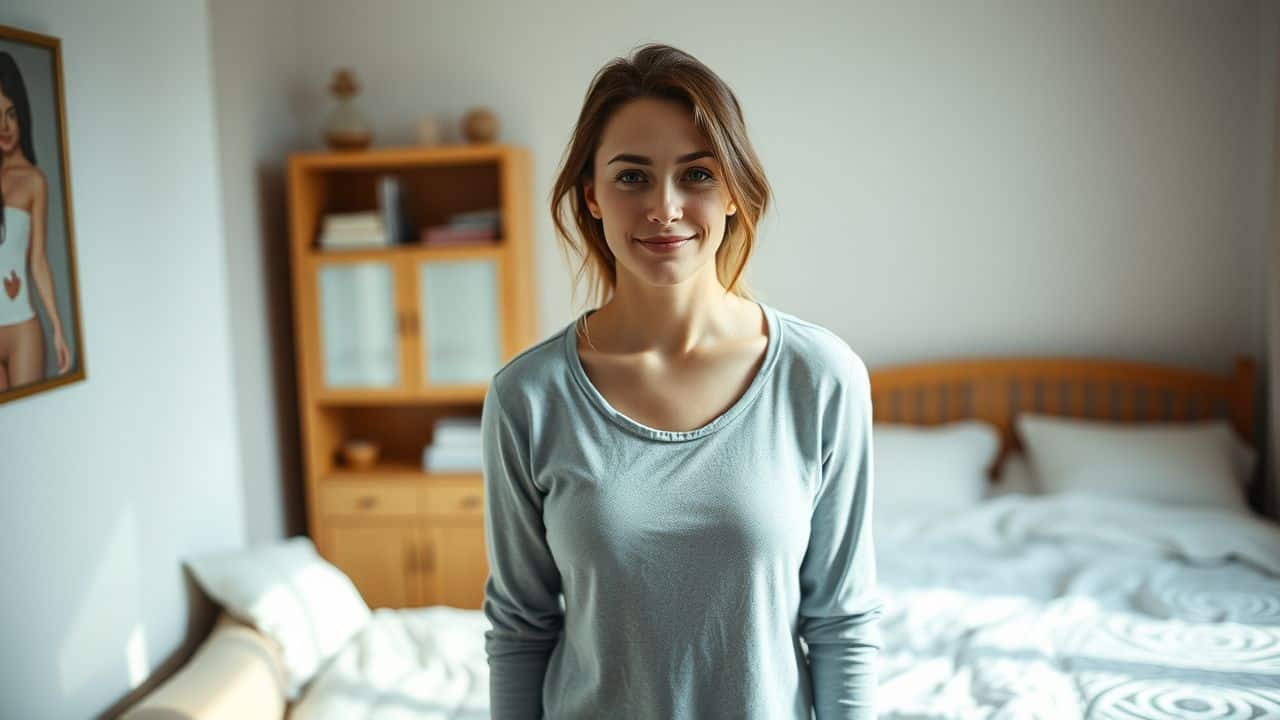 A woman in her mid-30s standing in a cozy bedroom.