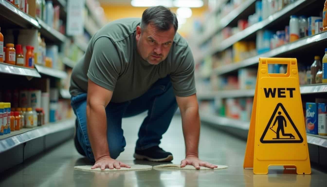 A man cleaning a spill in a store aisle.