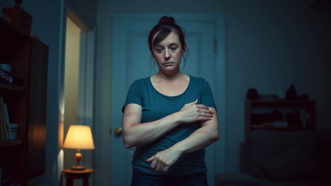 A woman inspects her arms and legs for cuts at home.